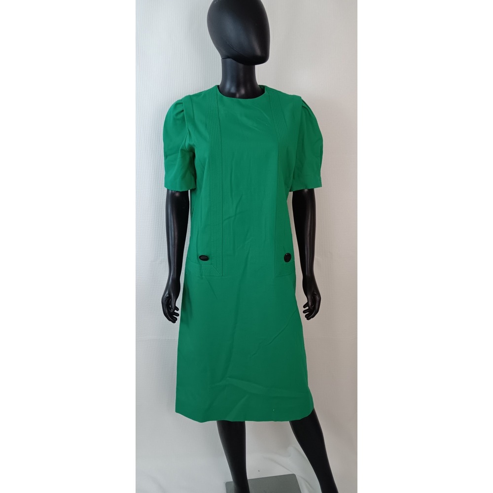 Vintage Leslie Fay Green Cotton Shift Dress Short Sleeve Pleated Size 12 USA